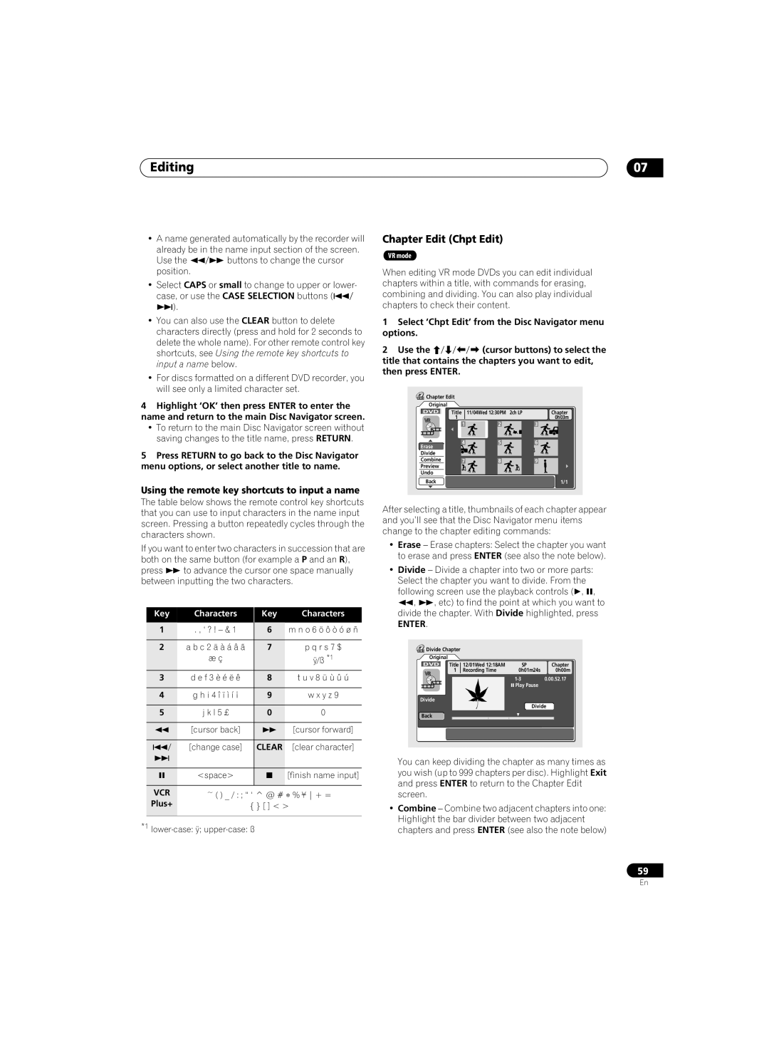 Pioneer DVR-220 Chapter Edit Chpt Edit, Using the remote key shortcuts to input a name, I 4 î ï ì í ¡ 