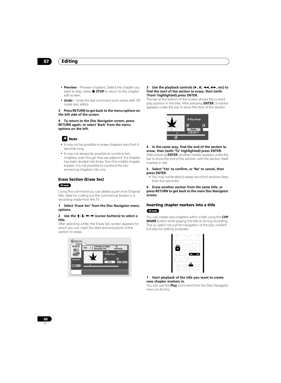 Pioneer DVR-220 operating instructions Erase Section Erase Sec, Inserting chapter markers into a title, Title 