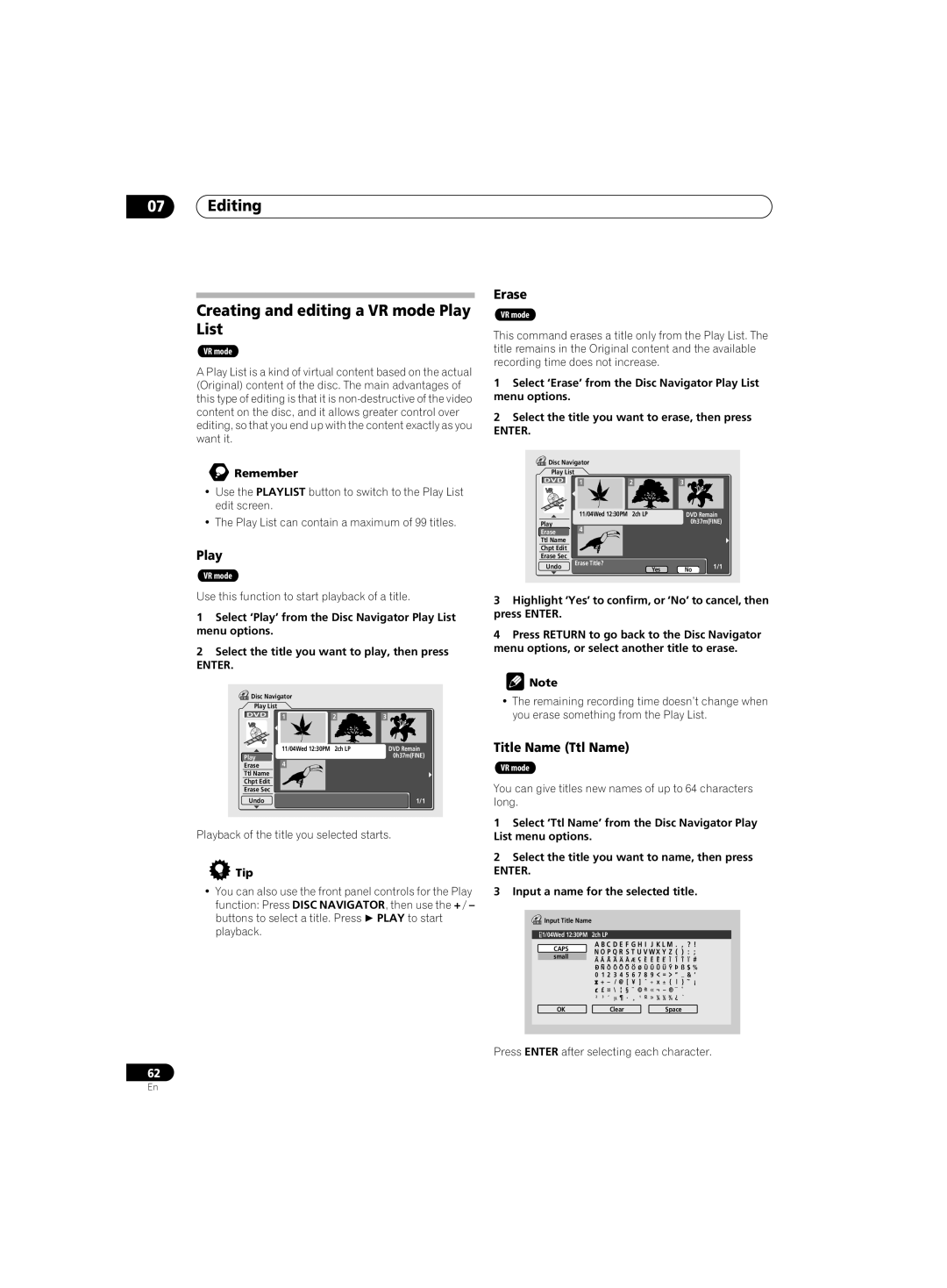 Pioneer DVR-220 Editing Creating and editing a VR mode Play List, Press Enter after selecting each character 