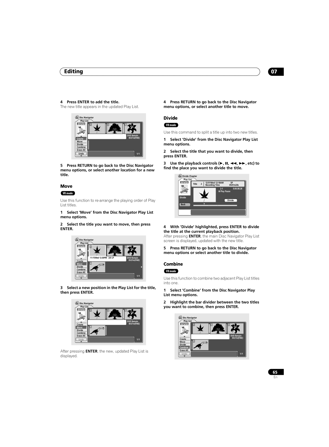 Pioneer DVR-220 Divide, Move, Combine, Press Enter to add the title, Find the place you want to divide the title 