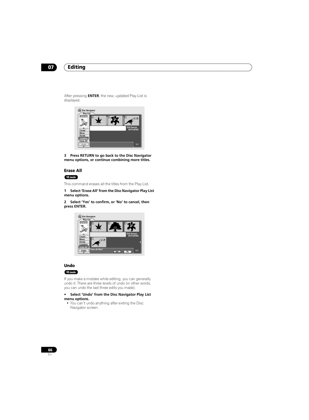 Pioneer DVR-220 operating instructions This command erases all the titles from the Play List 