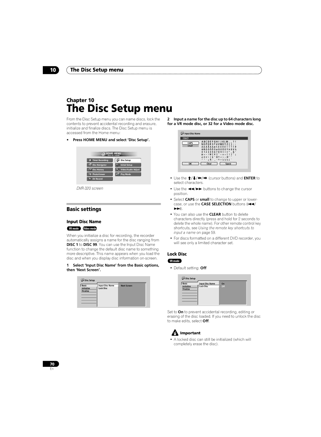 Pioneer DVR-220 operating instructions Disc Setup menu Chapter, Basic settings, Input Disc Name, Lock Disc 
