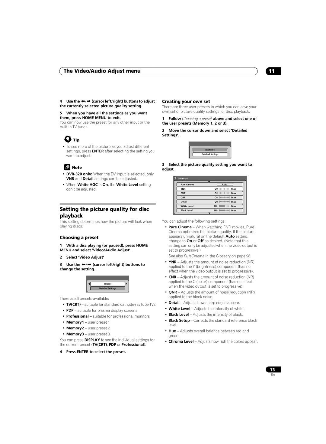 Pioneer DVR-220 operating instructions Video/Audio Adjust menu, Setting the picture quality for disc playback 