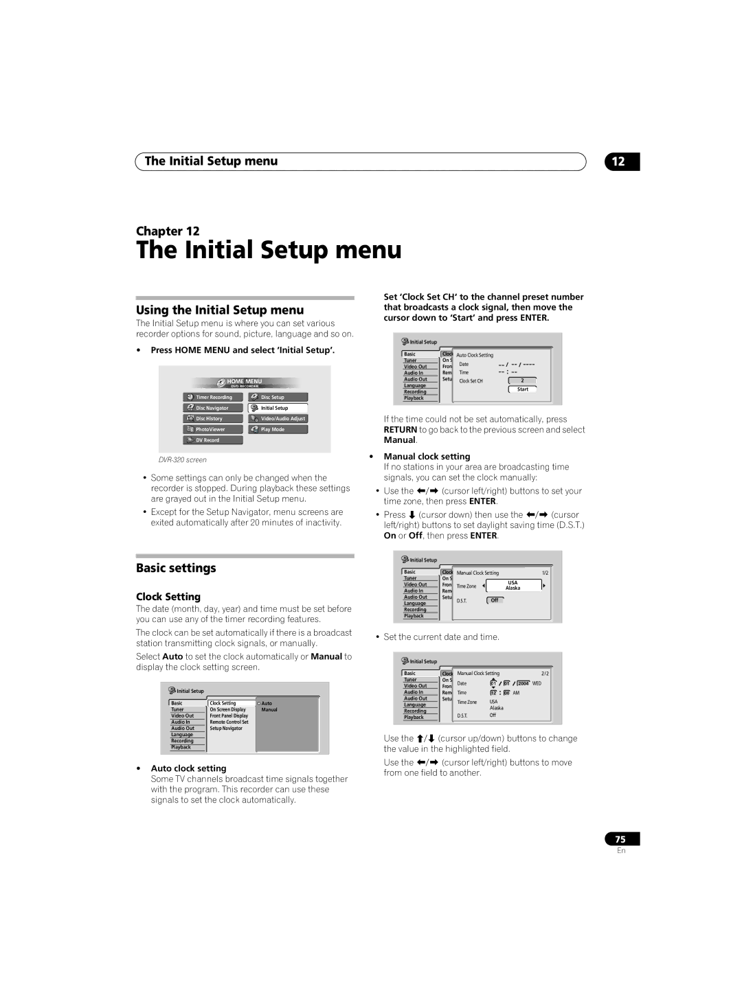 Pioneer DVR-220 operating instructions Initial Setup menu Chapter, Using the Initial Setup menu, Clock Setting 