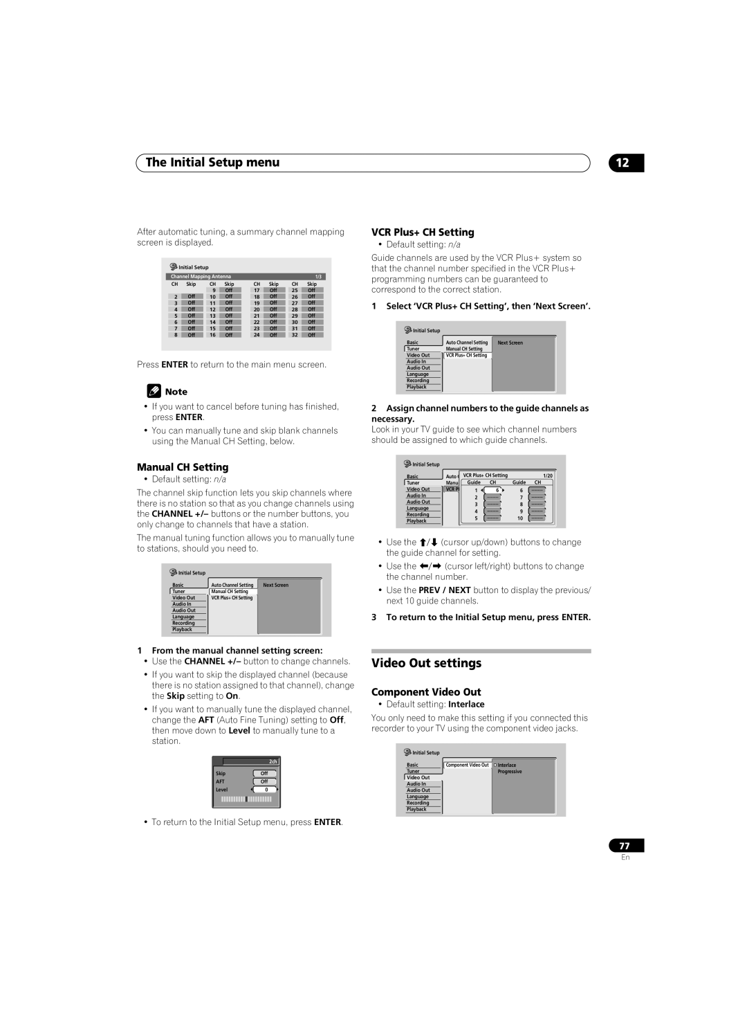 Pioneer DVR-220 operating instructions Video Out settings, Manual CH Setting, VCR Plus+ CH Setting, Component Video Out 