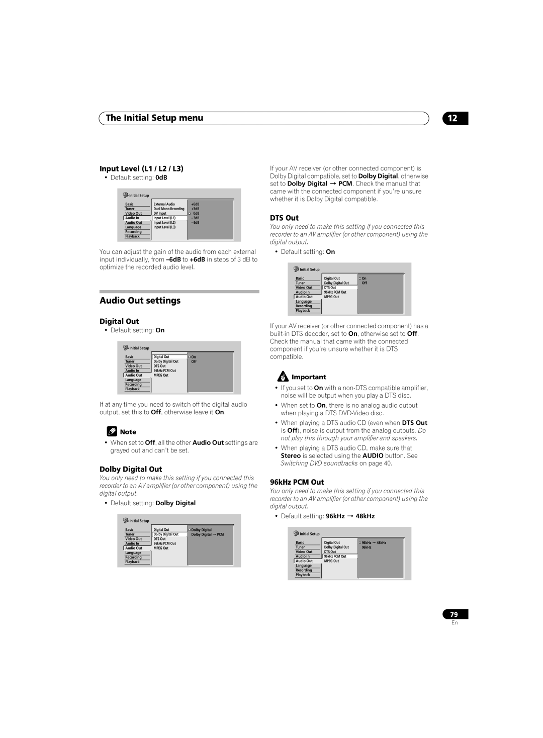 Pioneer DVR-220 operating instructions Audio Out settings 