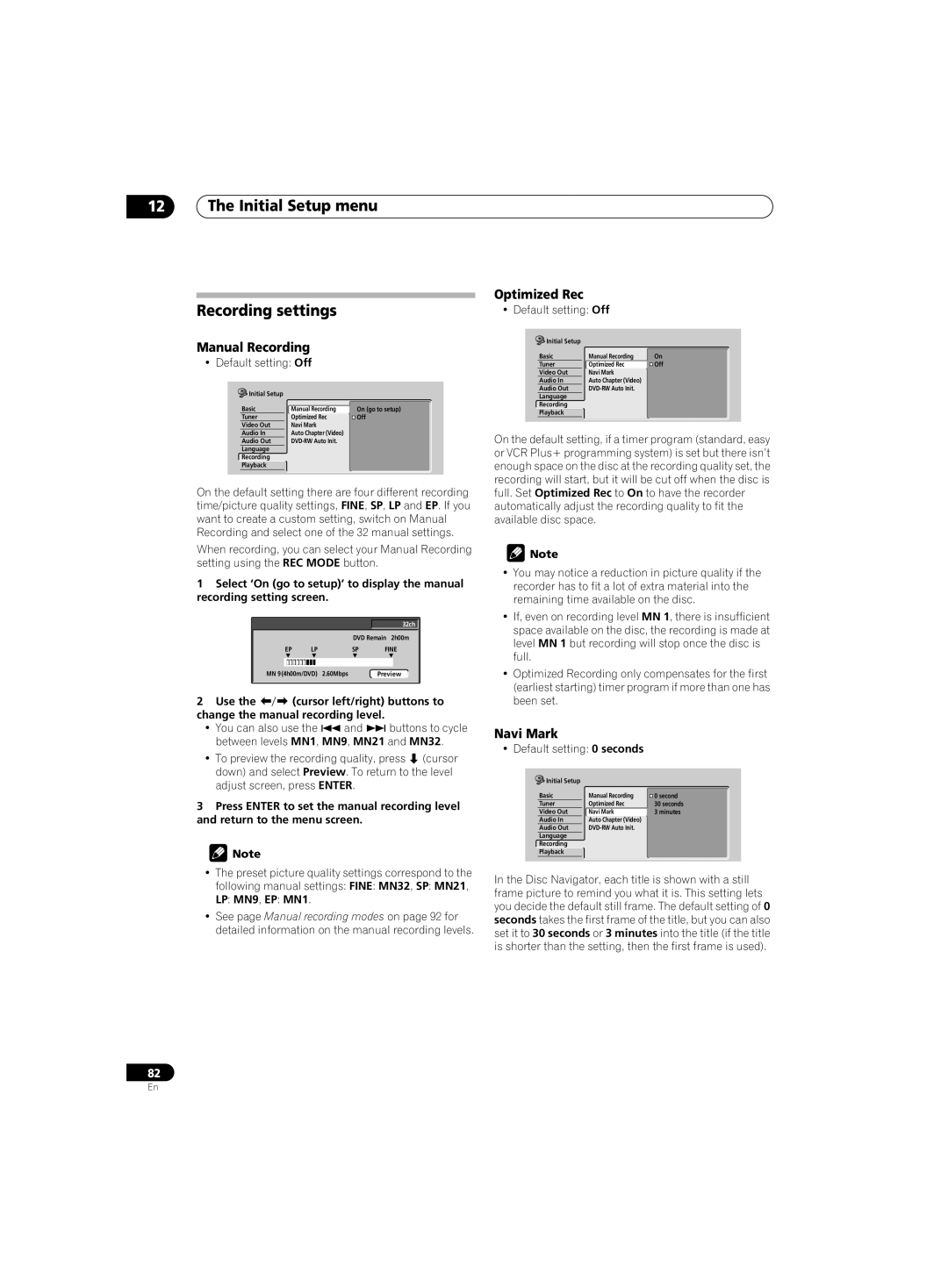 Pioneer DVR-220 operating instructions Initial Setup menu Recording settings, Manual Recording, Optimized Rec, Navi Mark 