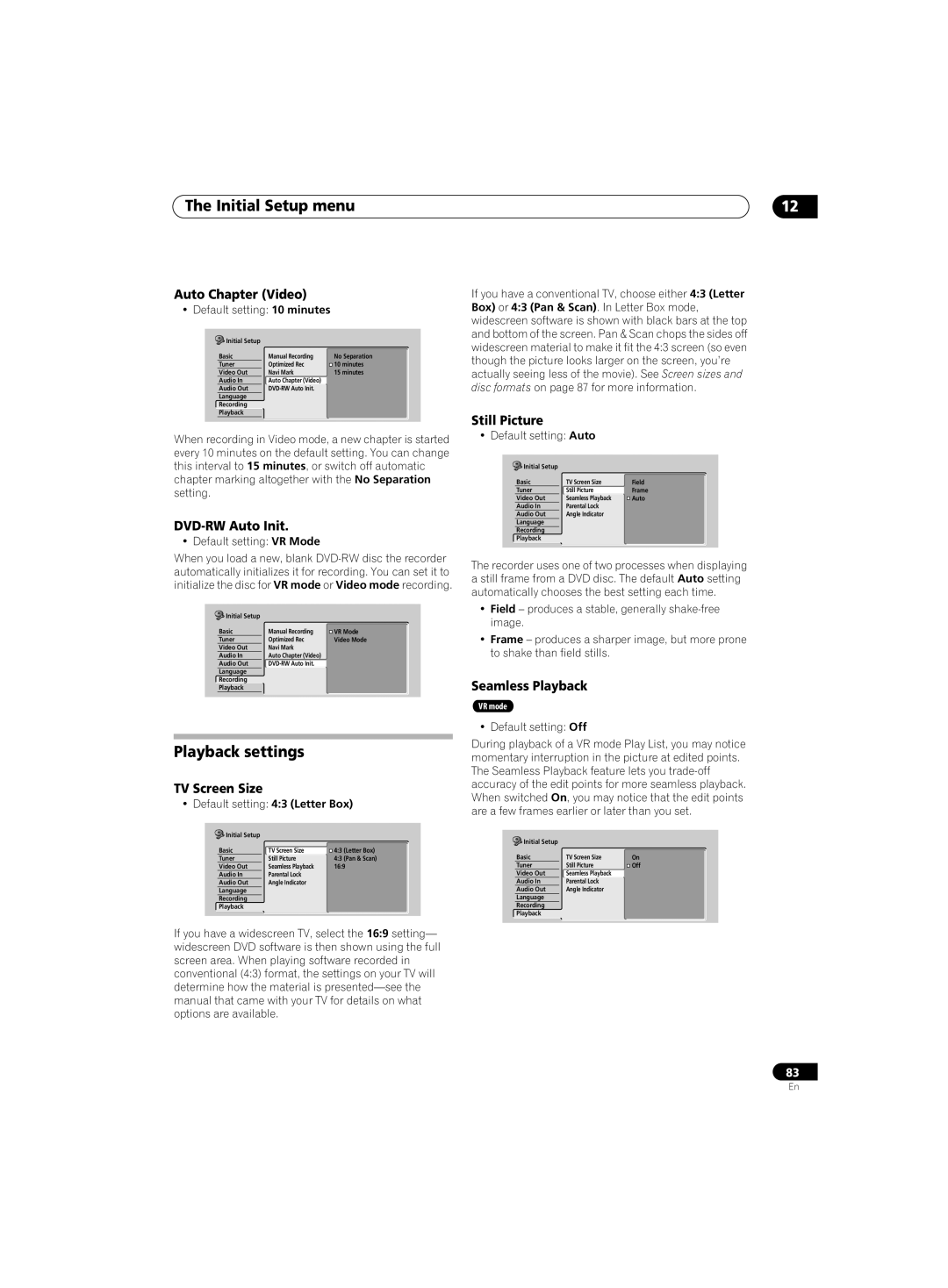 Pioneer DVR-220 operating instructions Playback settings 