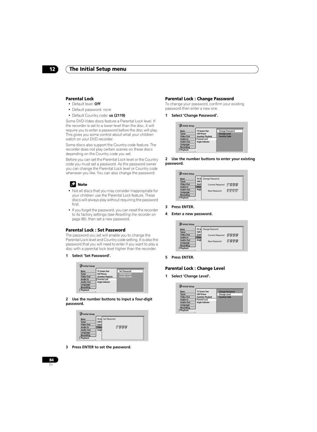 Pioneer DVR-220 Parental Lock Set Password, Parental Lock Change Password, Parental Lock Change Level 