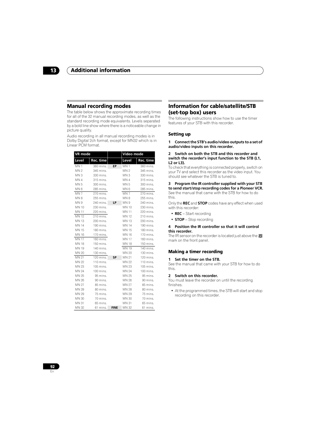 Pioneer DVR-220 Additional information Manual recording modes, Information for cable/satellite/STB set-top box users 