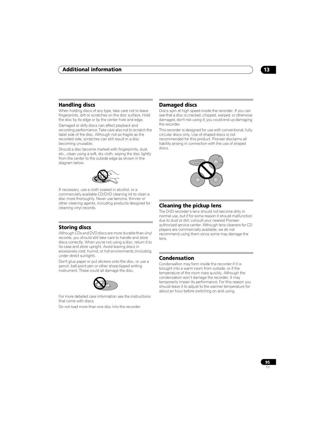 Pioneer DVR-220 Additional information Handling discs, Storing discs, Damaged discs, Cleaning the pickup lens 