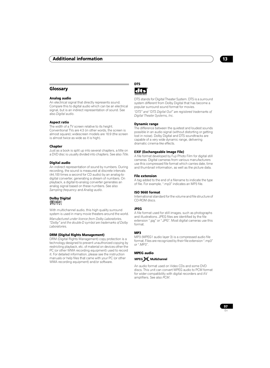 Pioneer DVR-220 operating instructions Additional information Glossary 