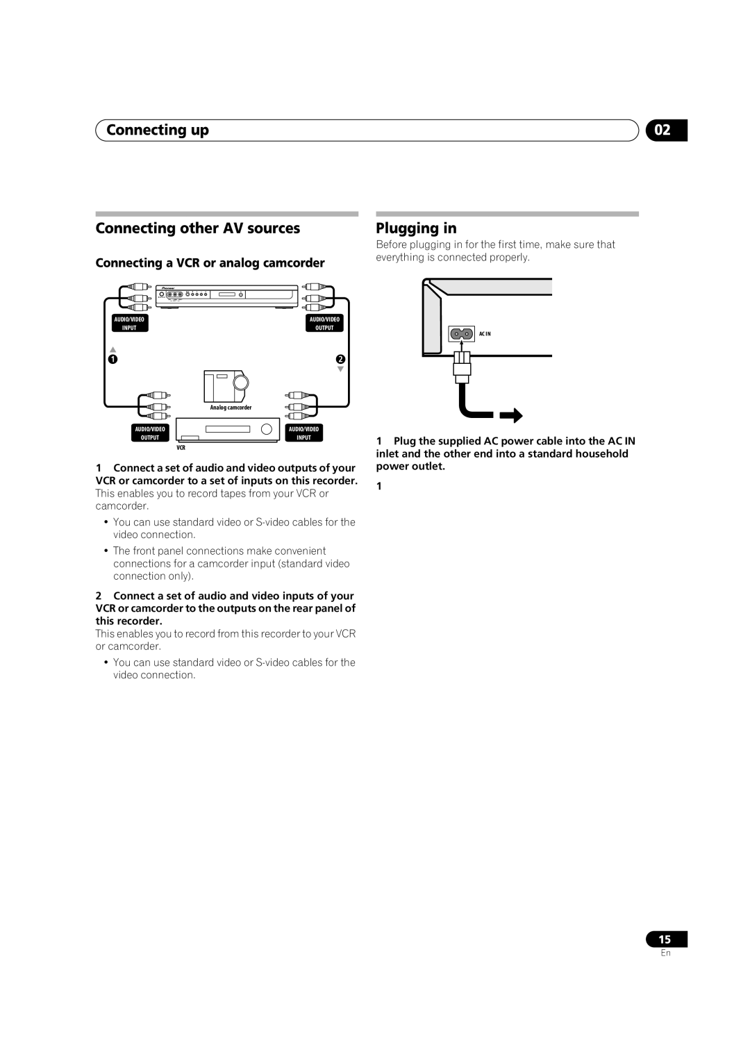 Pioneer DVR-230-S manual Connecting up Connecting other AV sources, Plugging, Connecting a VCR or analog camcorder 