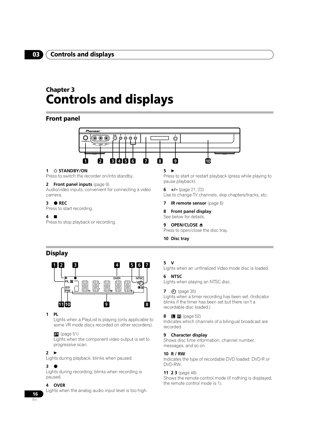 Pioneer DVR-230-S manual Controls and displays Chapter, Front panel, Display 