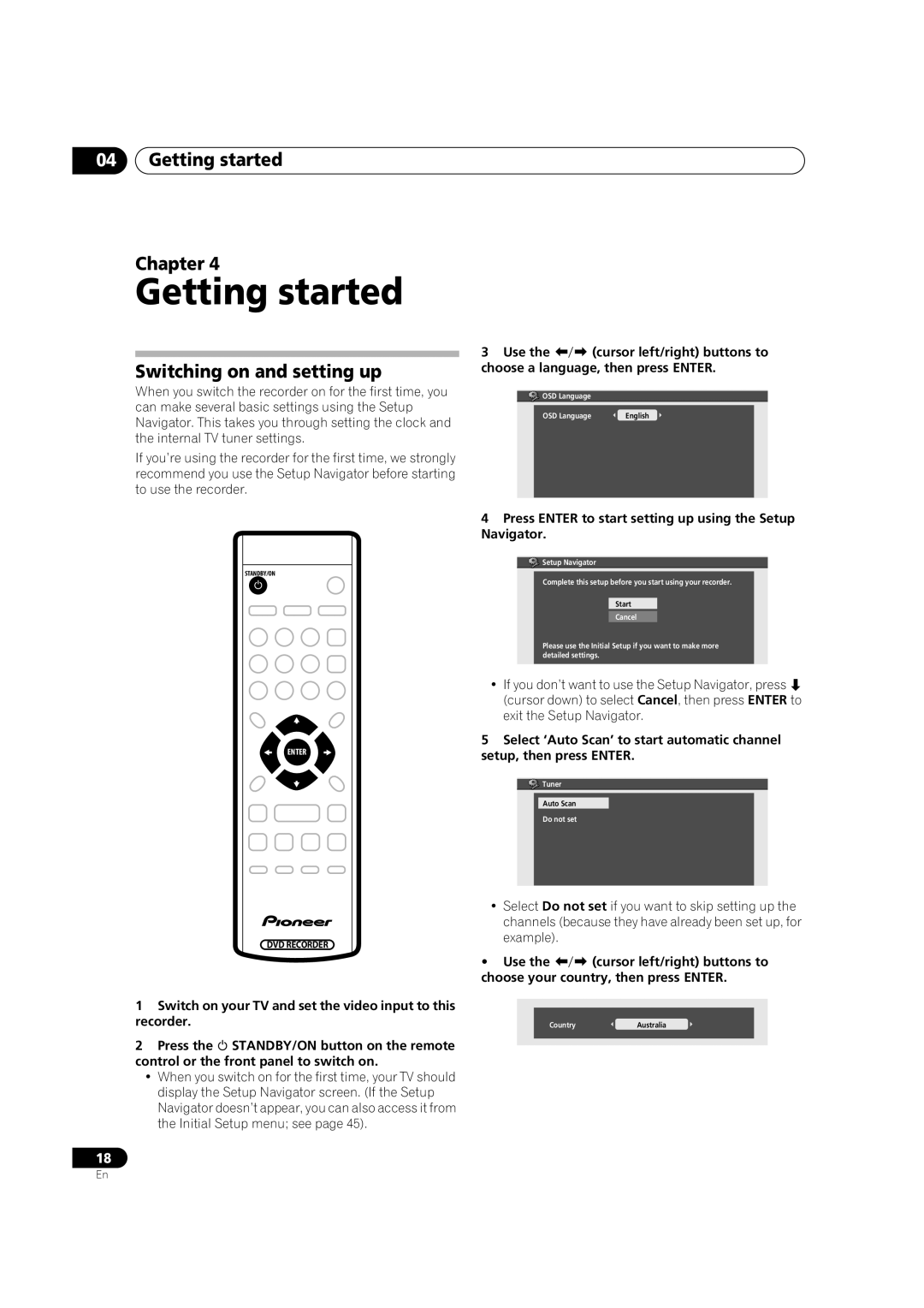 Pioneer DVR-230-S manual Getting started Chapter, Switching on and setting up, Use, Choose a language, then press Enter 