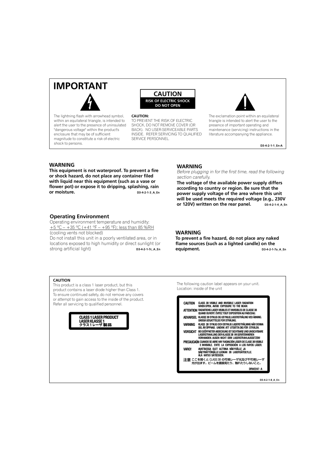 Pioneer DVR-230-S manual Operating Environment, Risk of Electric Shock Do not Open 