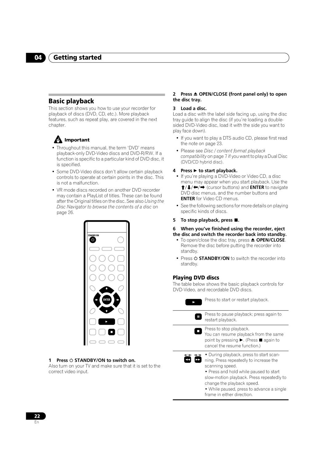 Pioneer DVR-230-S manual Getting started Basic playback, Playing DVD discs, Press STANDBY/ON to switch on 