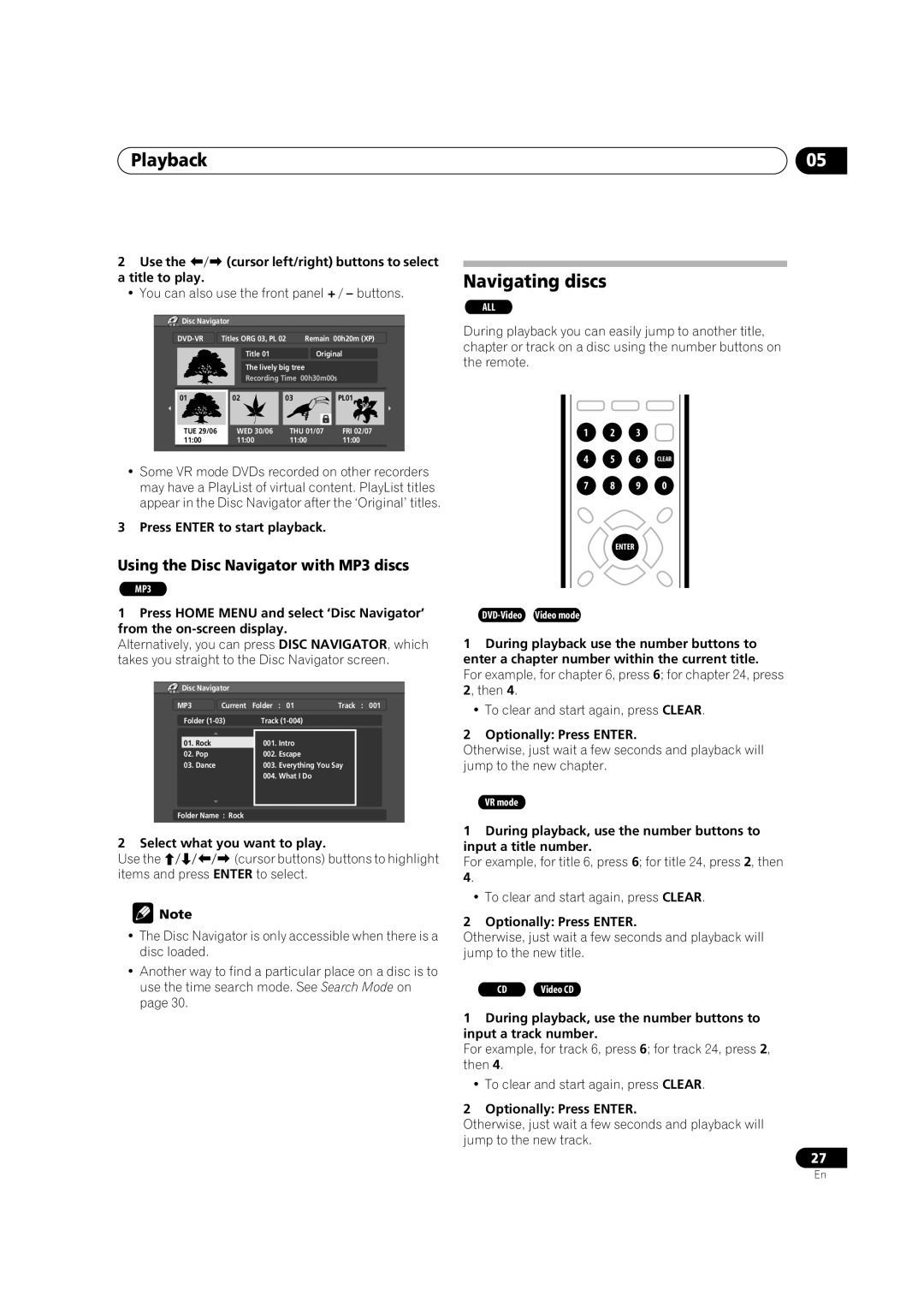 Pioneer DVR-230-S manual Playback, Navigating discs, Using the Disc Navigator with MP3 discs 