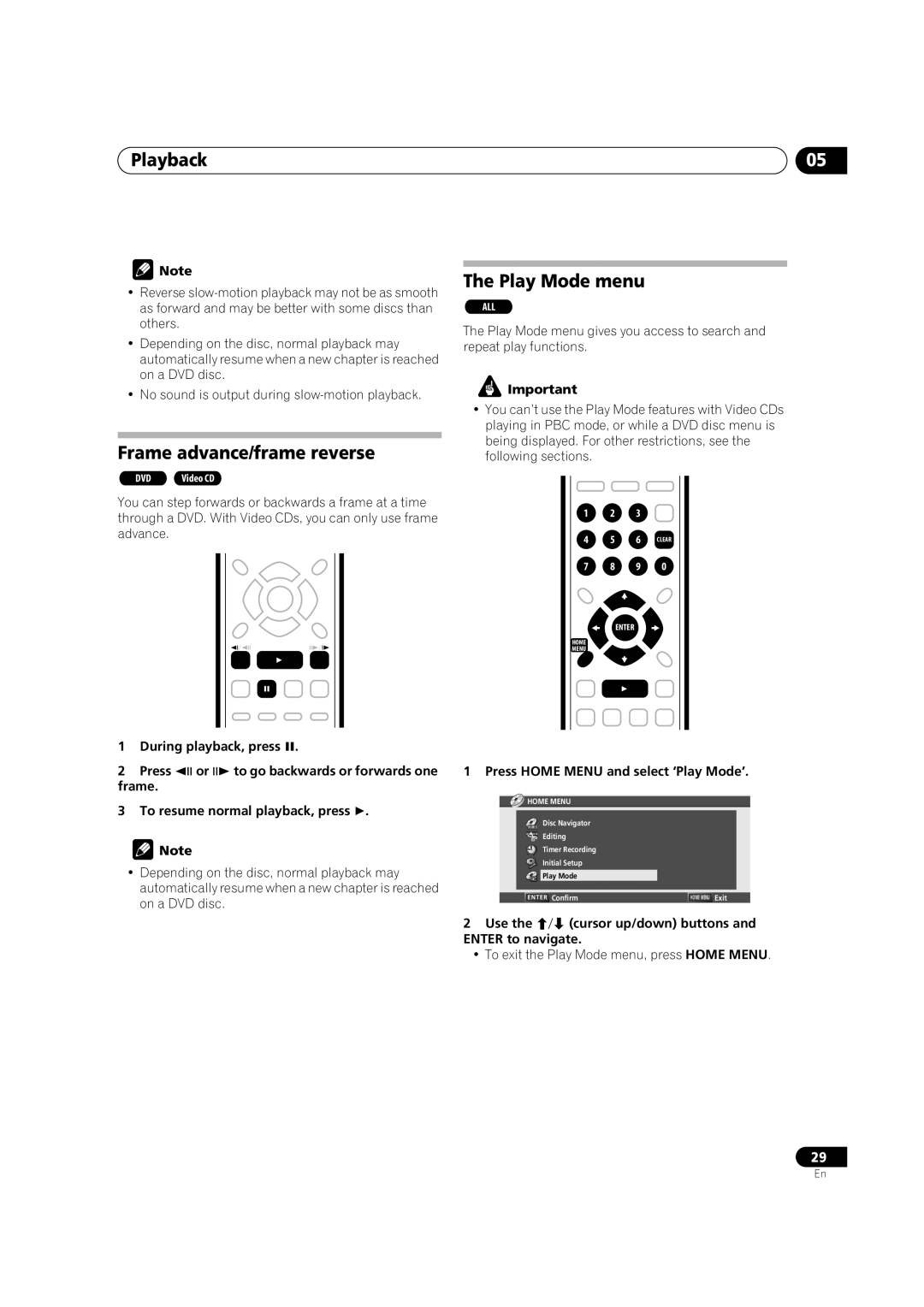 Pioneer DVR-230-S manual Frame advance/frame reverse, Play Mode menu, Enter to navigate 