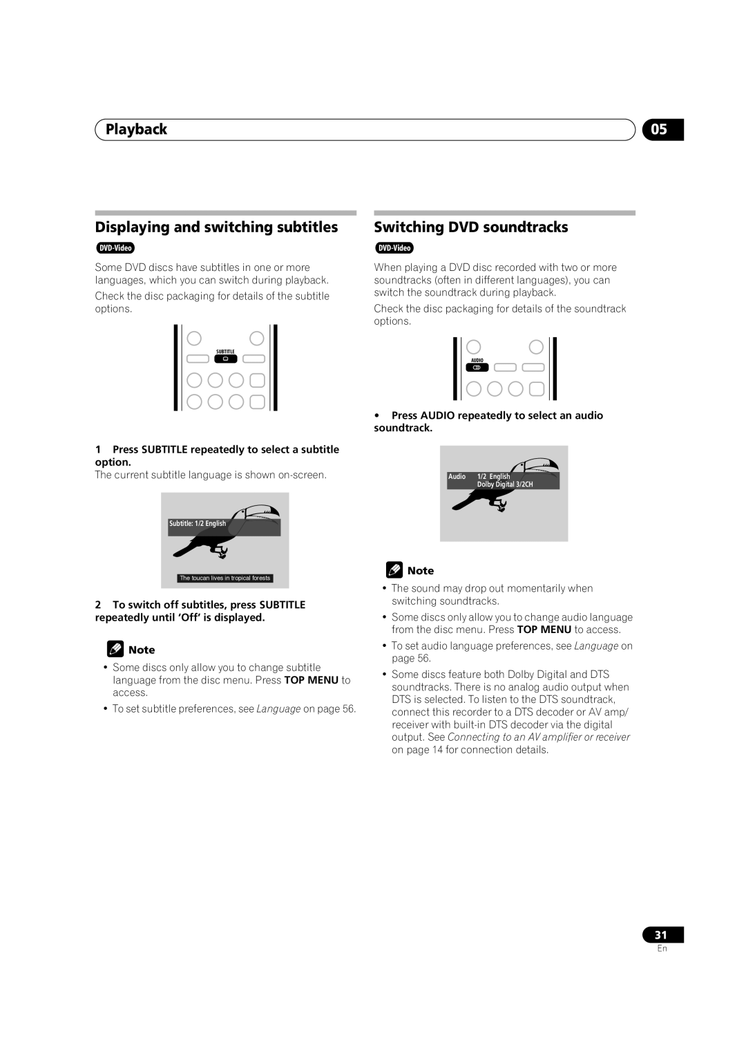 Pioneer DVR-230-S manual Playback Displaying and switching subtitles, Switching DVD soundtracks 