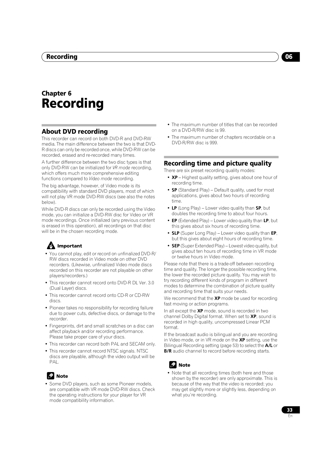 Pioneer DVR-230-S manual Recording Chapter, About DVD recording, Recording time and picture quality 