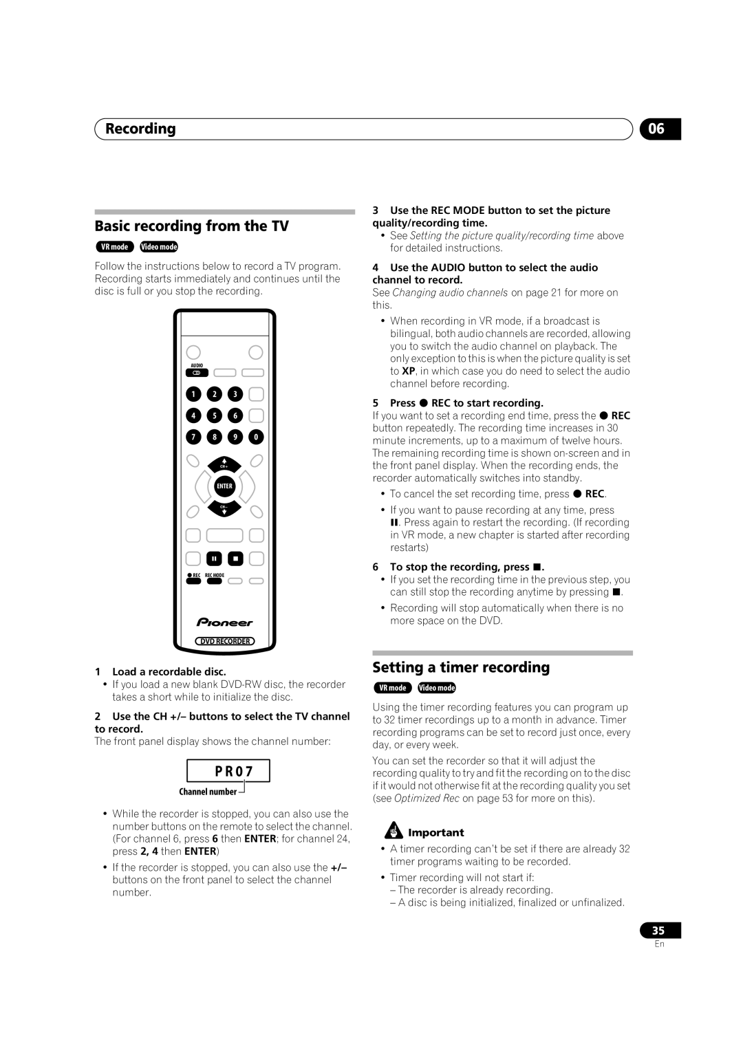 Pioneer DVR-230-S manual Recording Basic recording from the TV, Setting a timer recording 