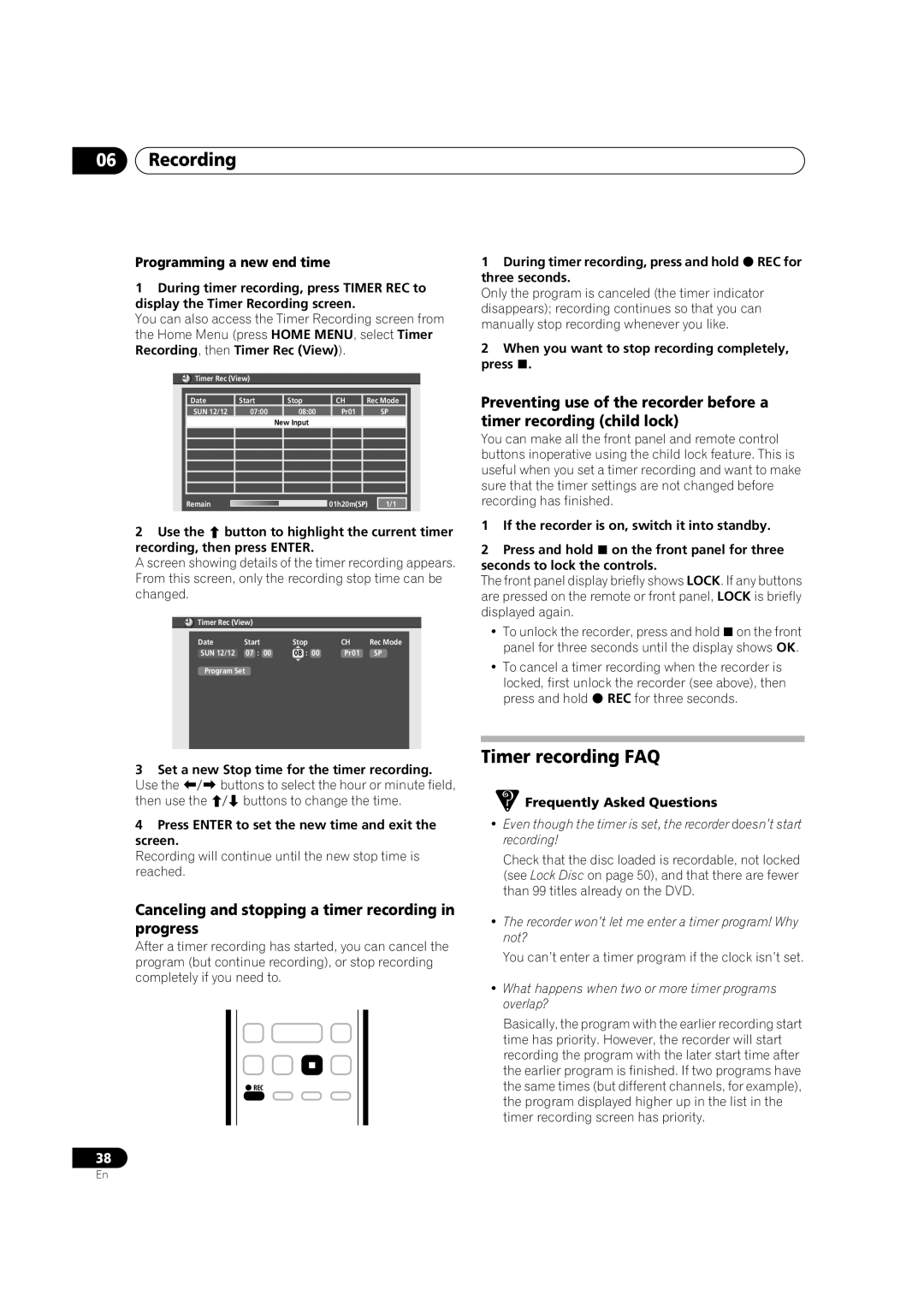 Pioneer DVR-230-S Timer recording FAQ, Canceling and stopping a timer recording in progress, Programming a new end time 