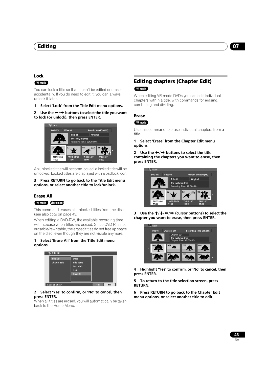 Pioneer DVR-230-S manual Editing chapters Chapter Edit, Lock, Erase All, To lock or unlock, then press Enter 