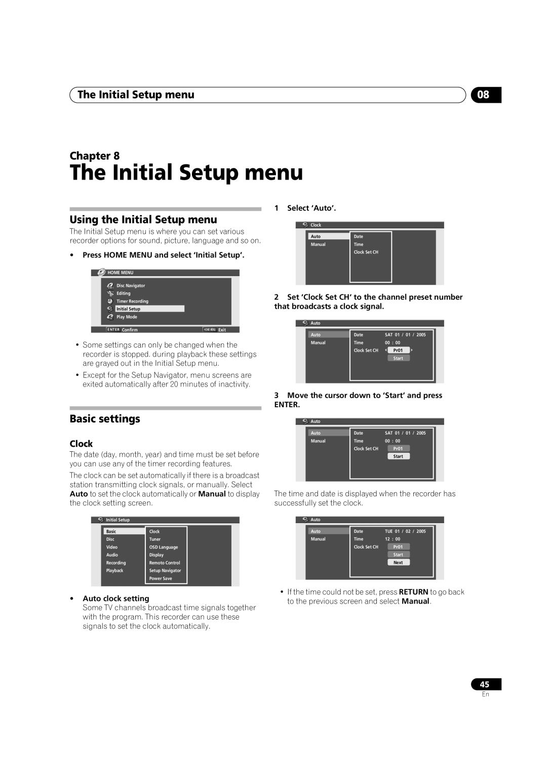 Pioneer DVR-230-S manual Initial Setup menu Chapter, Using the Initial Setup menu, Basic settings, Clock 