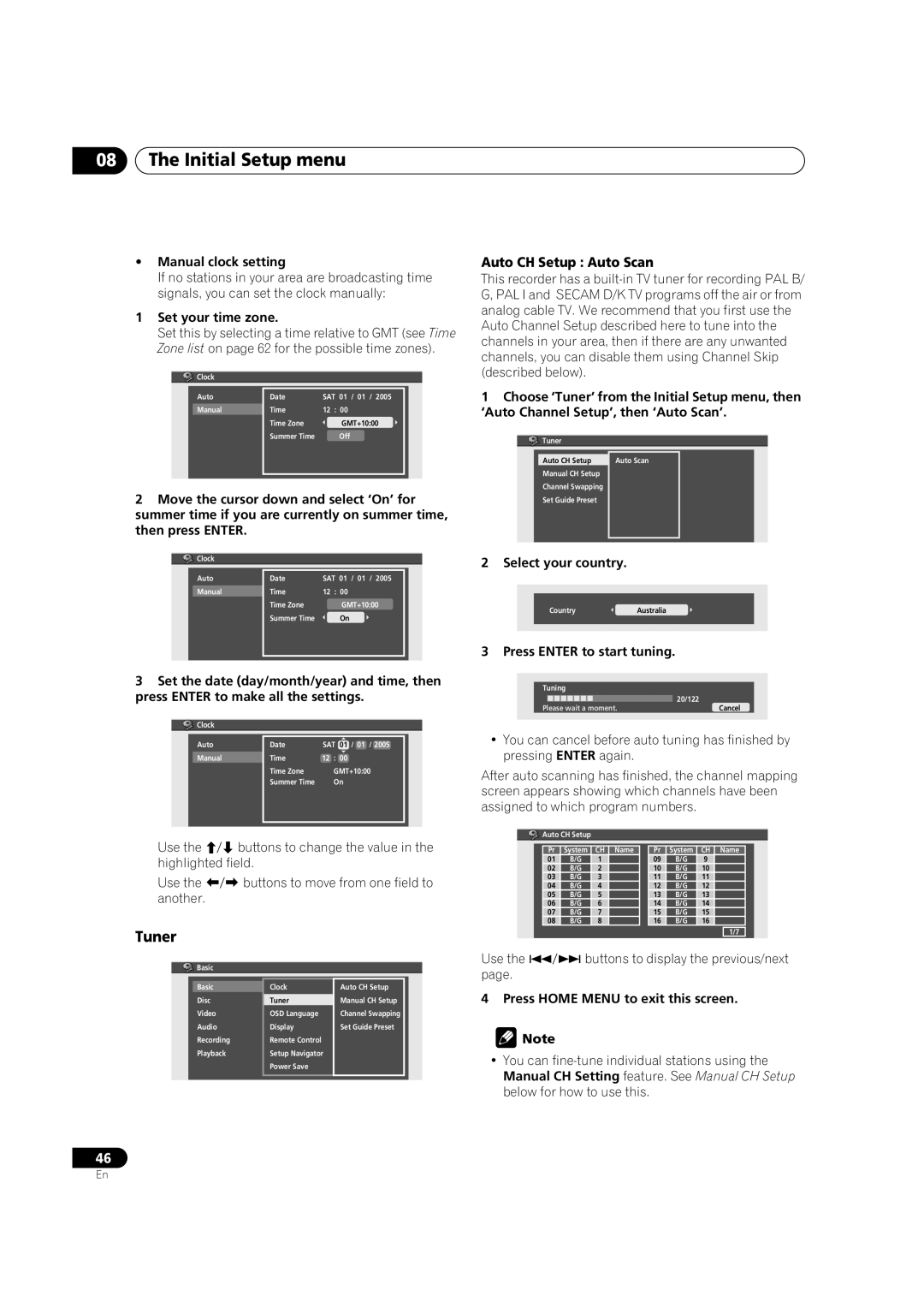 Pioneer DVR-230-S manual Initial Setup menu, Tuner, Auto CH Setup Auto Scan 