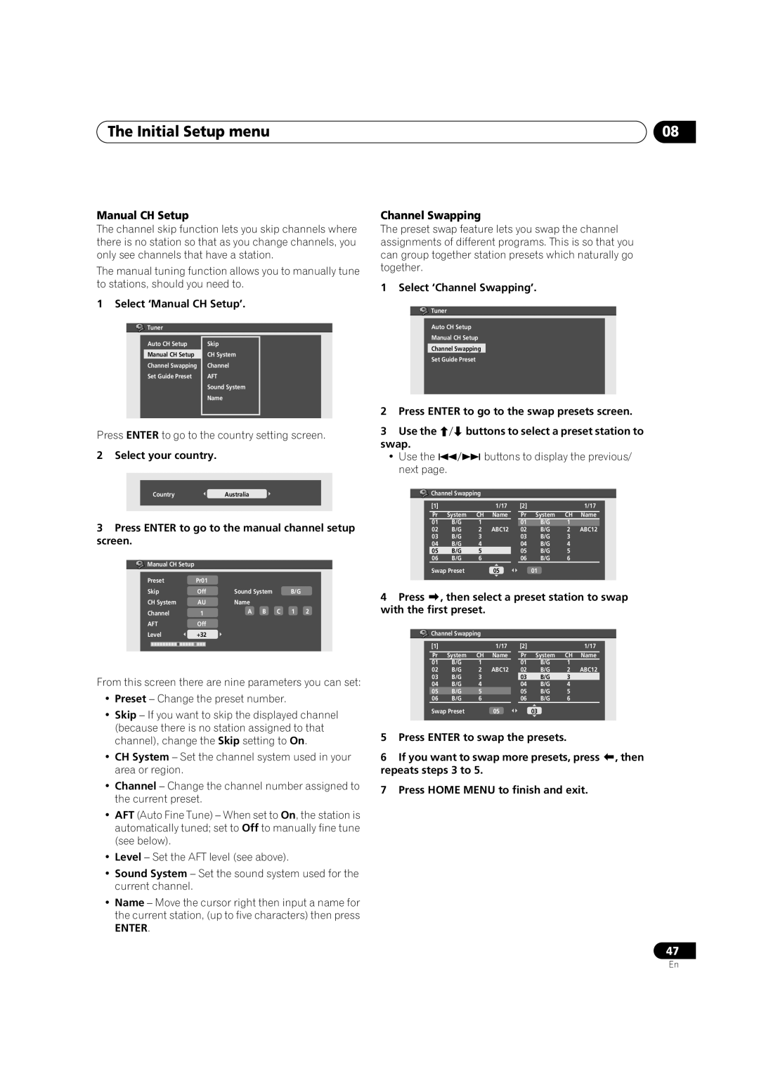 Pioneer DVR-230-S manual Manual CH Setup, Channel Swapping, Swap Use Buttons to display the previous Next 