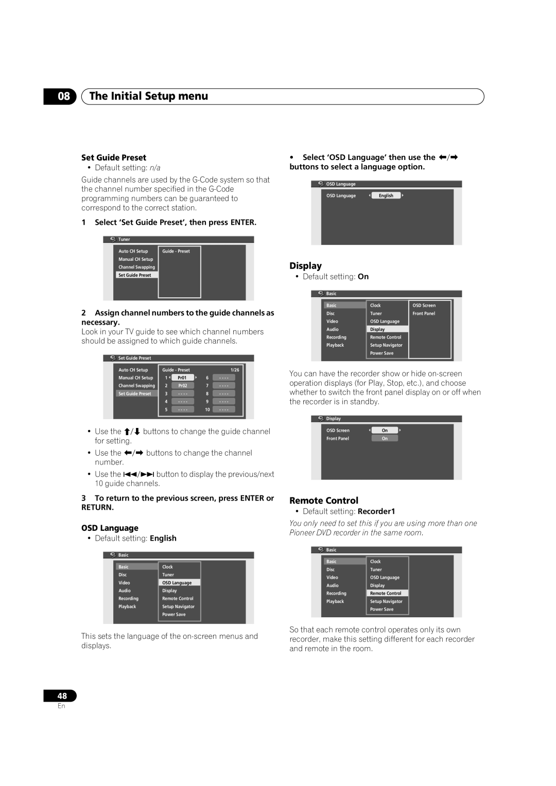 Pioneer DVR-230-S manual Display, Remote Control, Set Guide Preset, OSD Language 