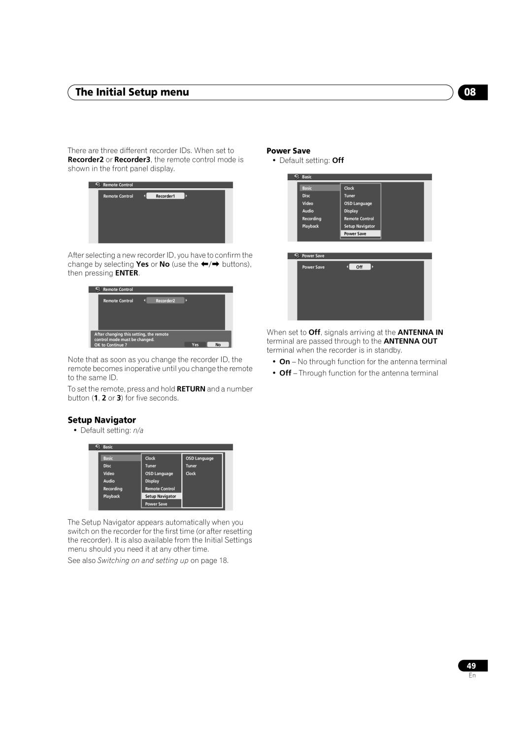 Pioneer DVR-230-S manual Setup Navigator, Power Save, Default setting n/a, Default setting Off 