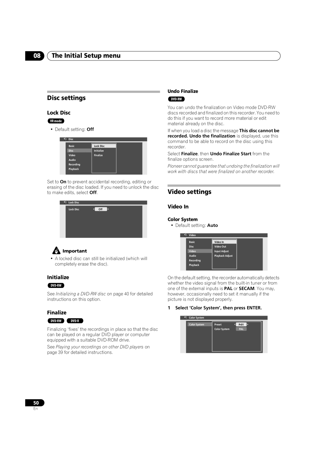 Pioneer DVR-230-S manual Initial Setup menu Disc settings, Video settings 