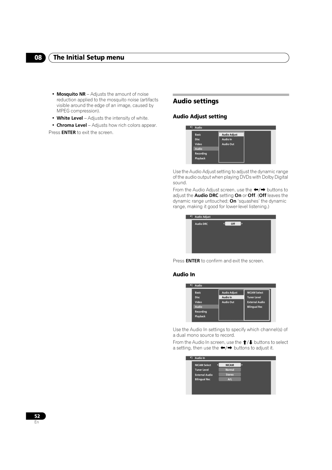 Pioneer DVR-230-S manual Audio settings, Audio Adjust setting 