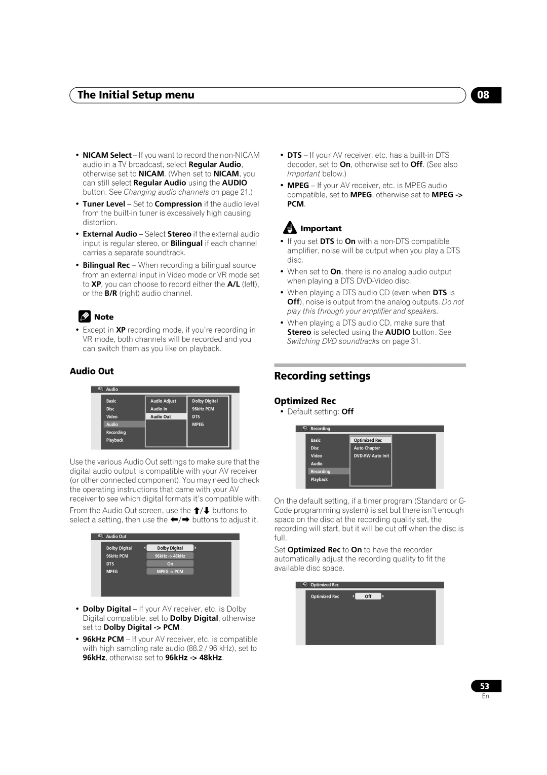 Pioneer DVR-230-S manual Recording settings, Audio Out, Optimized Rec 