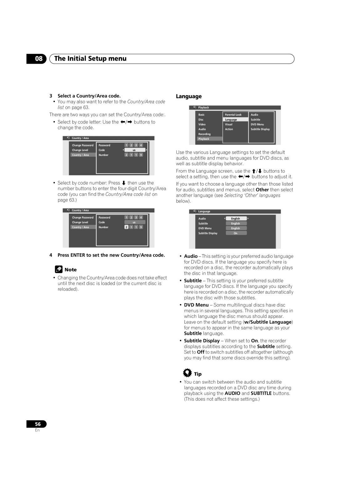 Pioneer DVR-230-S manual Language, Select a Country/Area code, Select by code letter Use Buttons to Change the code 