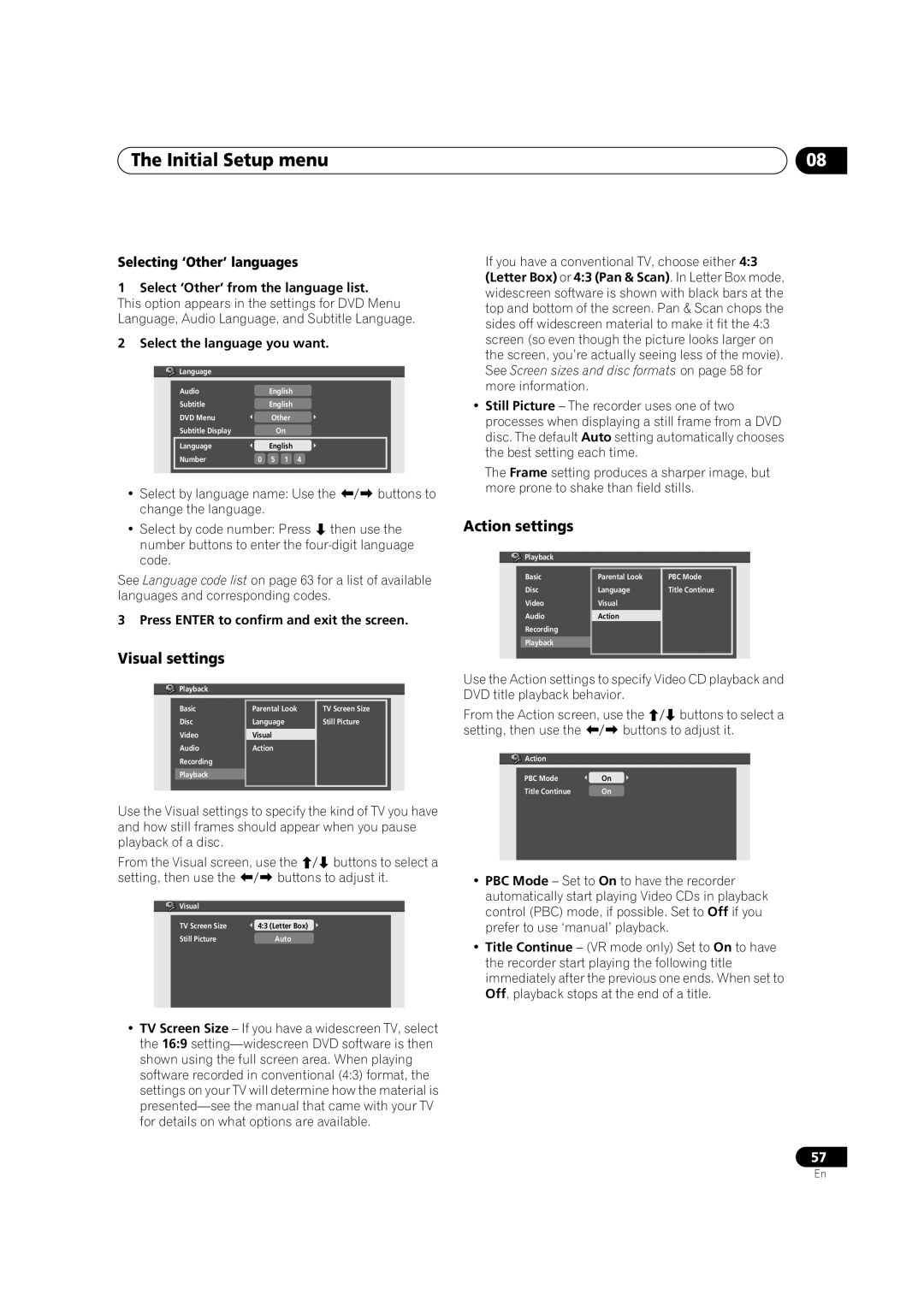 Pioneer DVR-230-S manual Visual settings, Action settings, Selecting ‘Other’ languages 