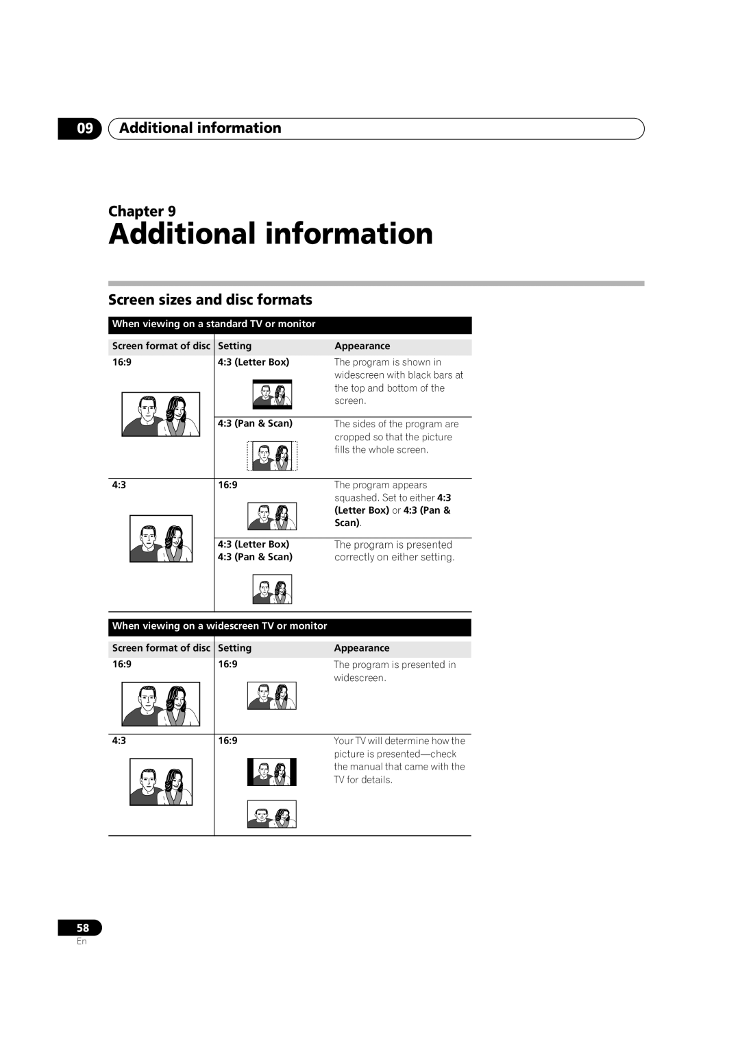 Pioneer DVR-230-S manual Additional information Chapter, Screen sizes and disc formats 