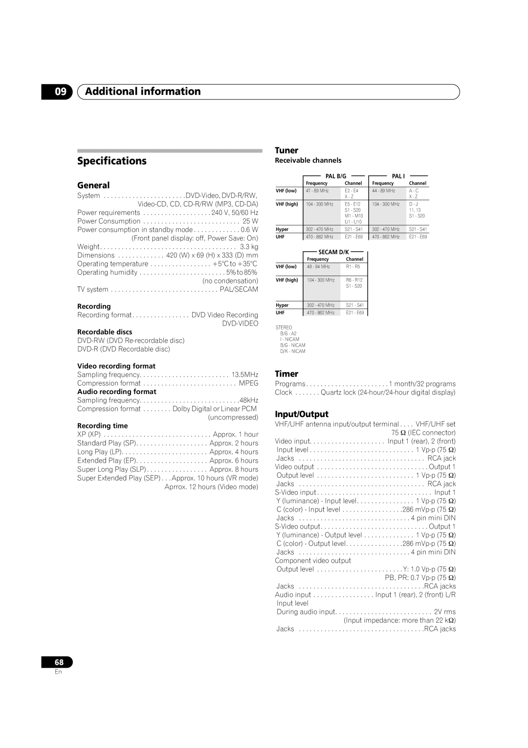 Pioneer DVR-230-S manual Additional information Specifications, Timer, Input/Output 