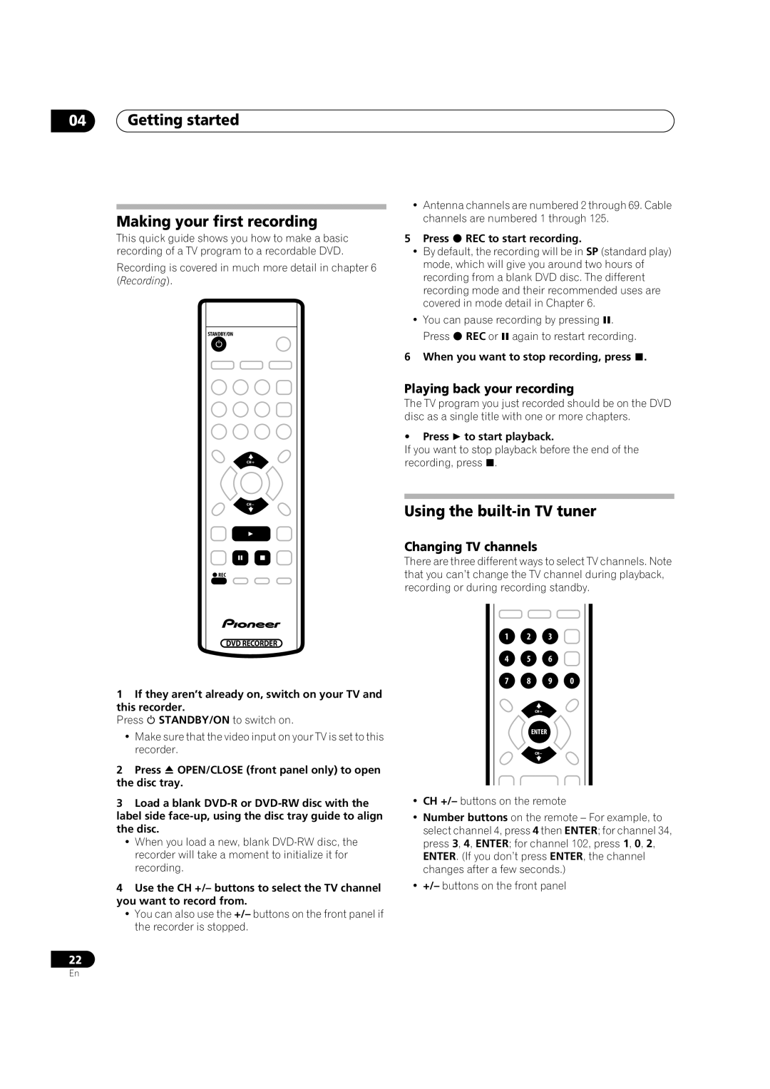 Pioneer DVR-231-S Getting started Making your first recording, Using the built-in TV tuner, Playing back your recording 