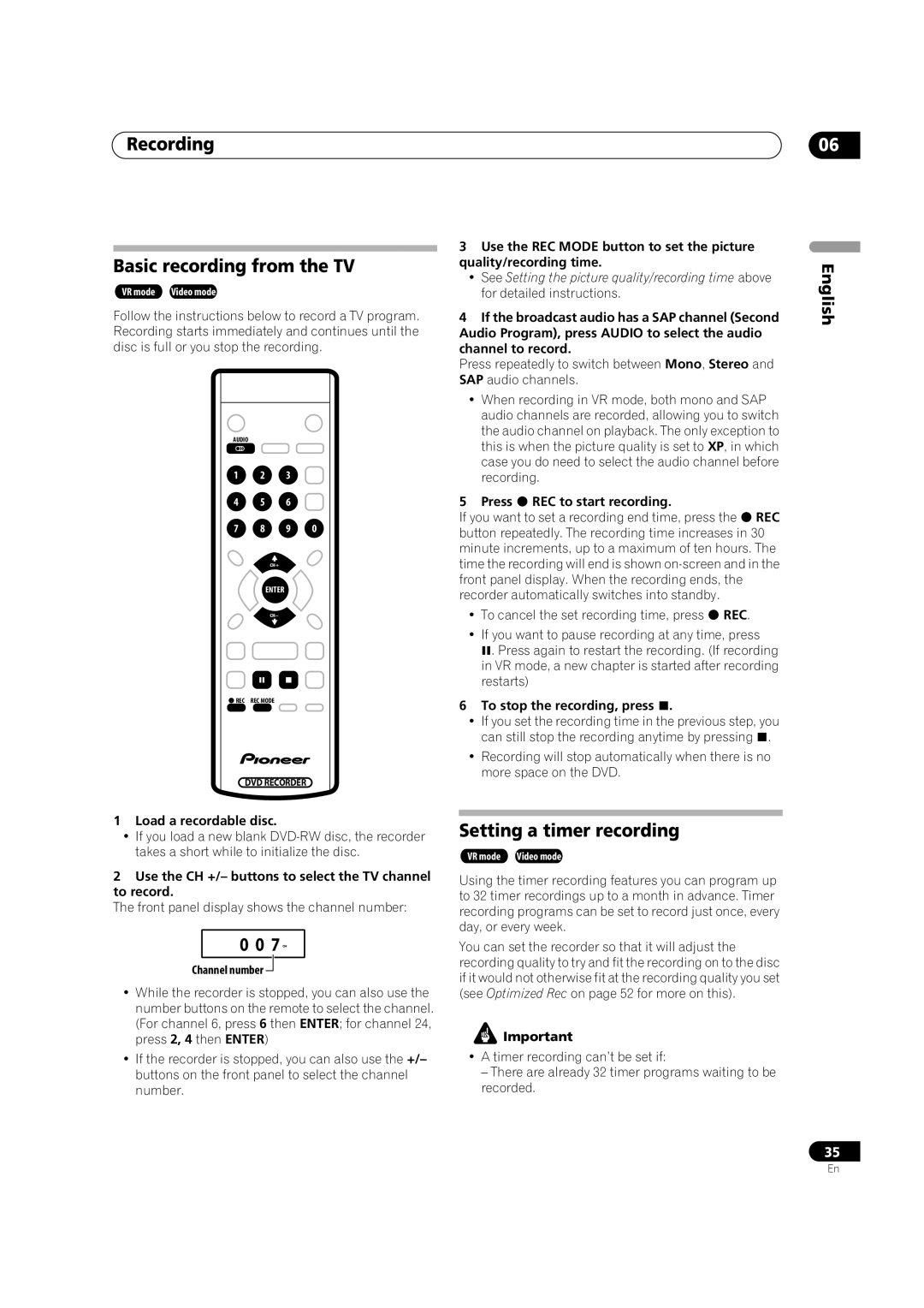 Pioneer DVR-233-S, DVR-231-AV, DVR-231-S manual Recording Basic recording from the TV, Setting a timer recording 