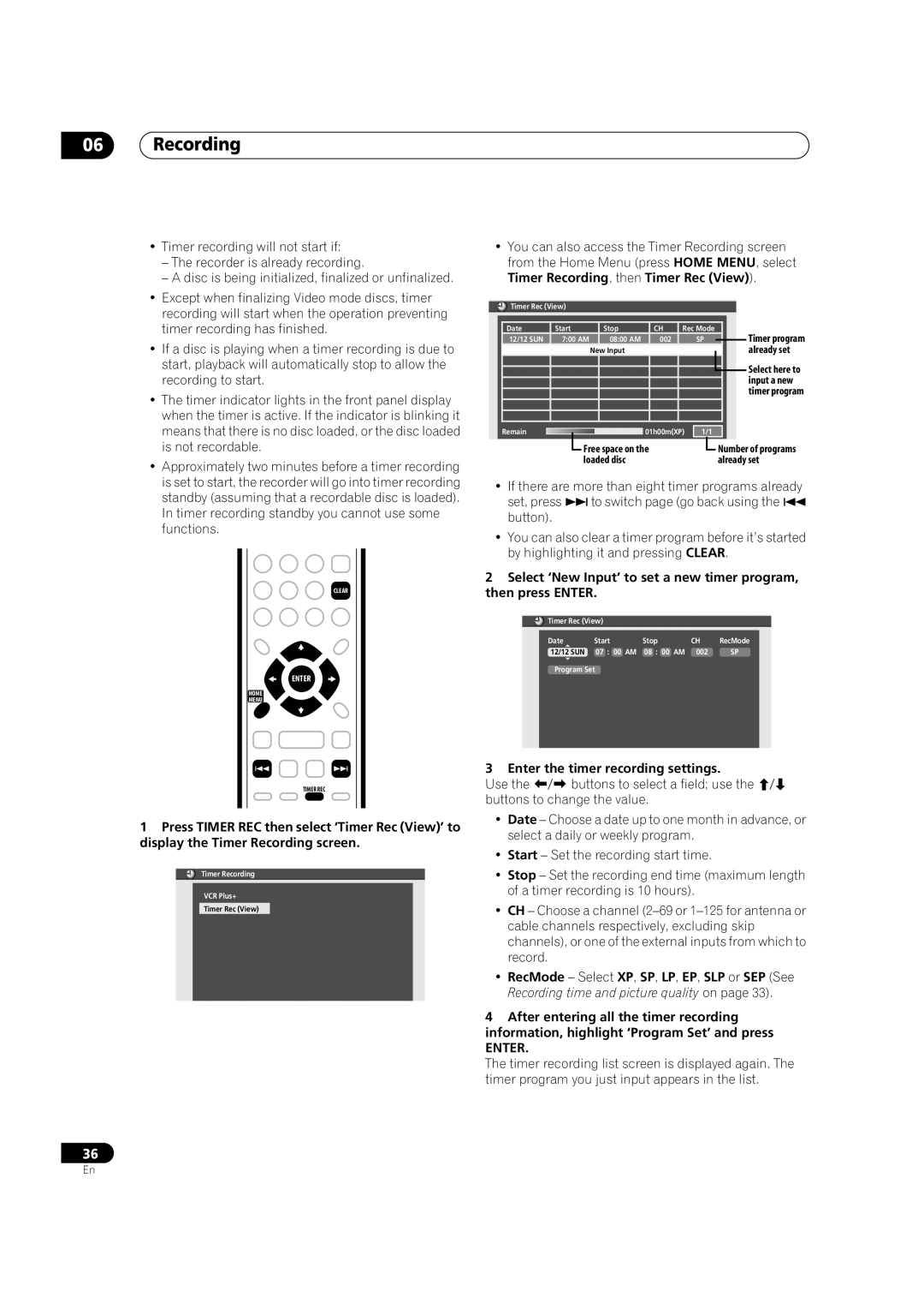 Pioneer DVR-231-AV, DVR-231-S, DVR-233-S manual Recording, Enter the timer recording settings 