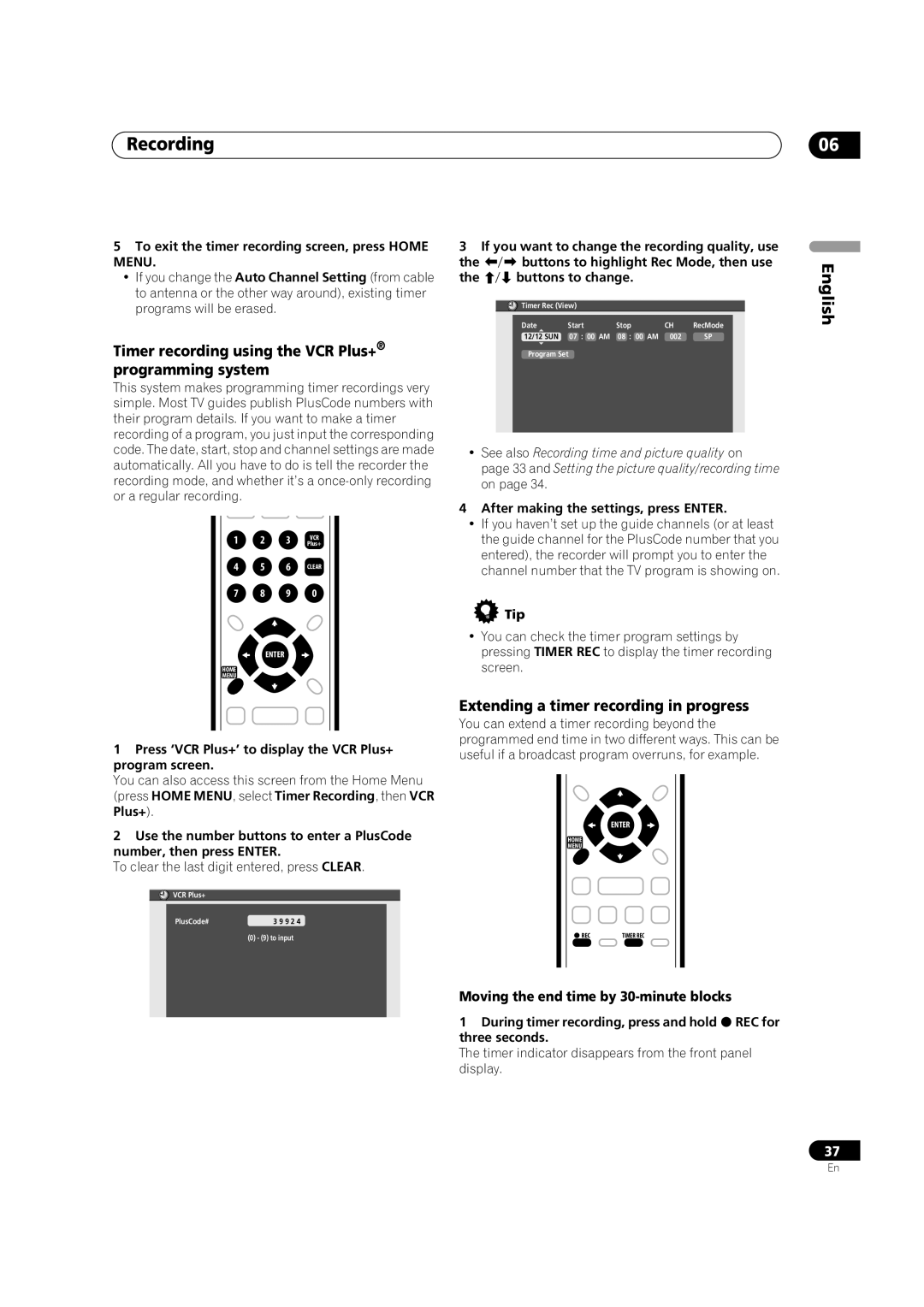 Pioneer DVR-231-S manual Timer recording using the VCR Plus+ programming system, Extending a timer recording in progress 