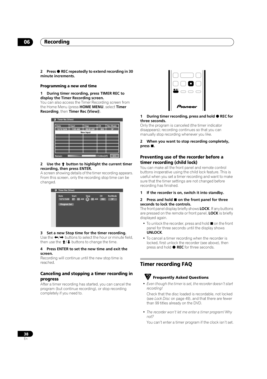 Pioneer DVR-233-S Timer recording FAQ, Canceling and stopping a timer recording in progress, Programming a new end time 