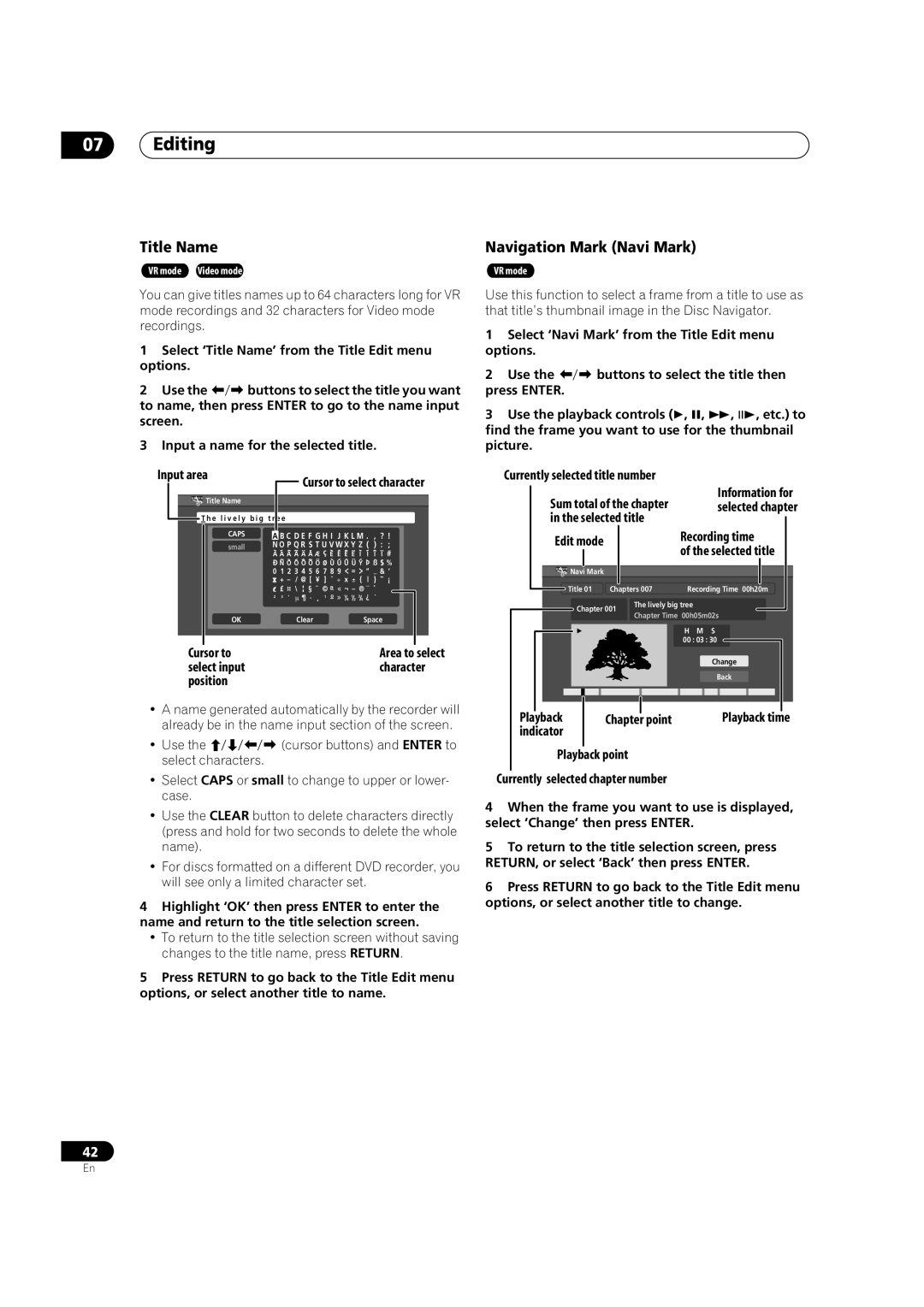 Pioneer DVR-231-AV manual Editing, Title Name, Navigation Mark Navi Mark, Playback point Currently selected chapter number 