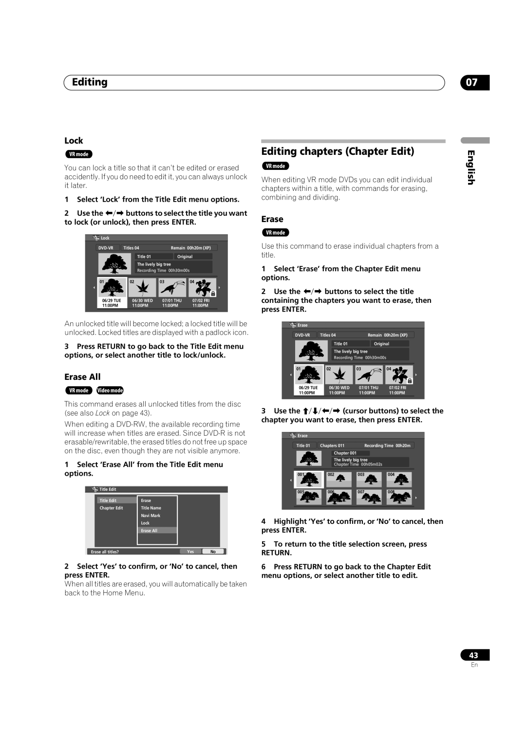 Pioneer DVR-231-S, DVR-231-AV manual Editing chapters Chapter Edit, Lock, Erase All, To lock or unlock, then press Enter 