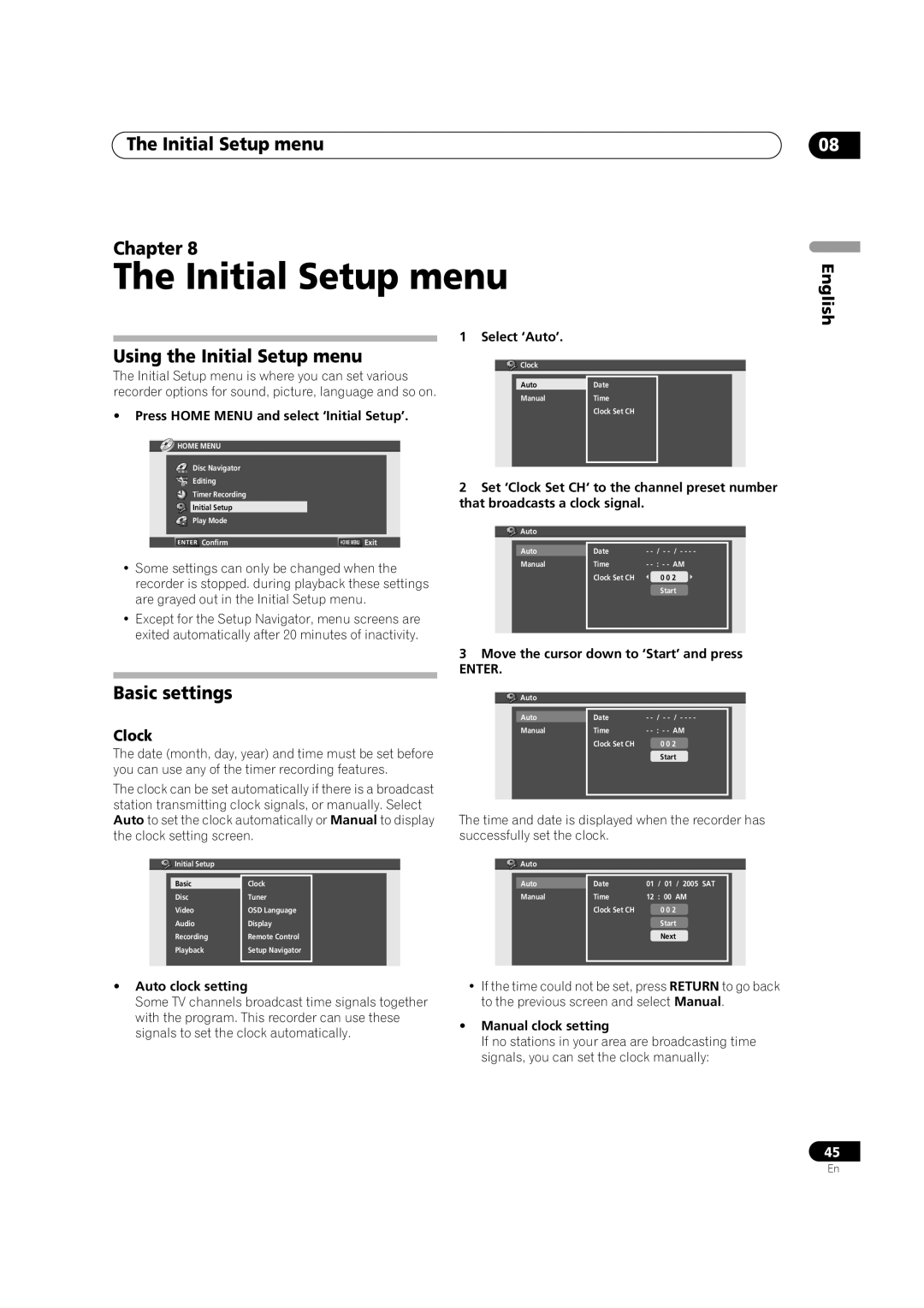 Pioneer DVR-231-AV, DVR-231-S manual Initial Setup menu Chapter, Using the Initial Setup menu, Basic settings, Clock 