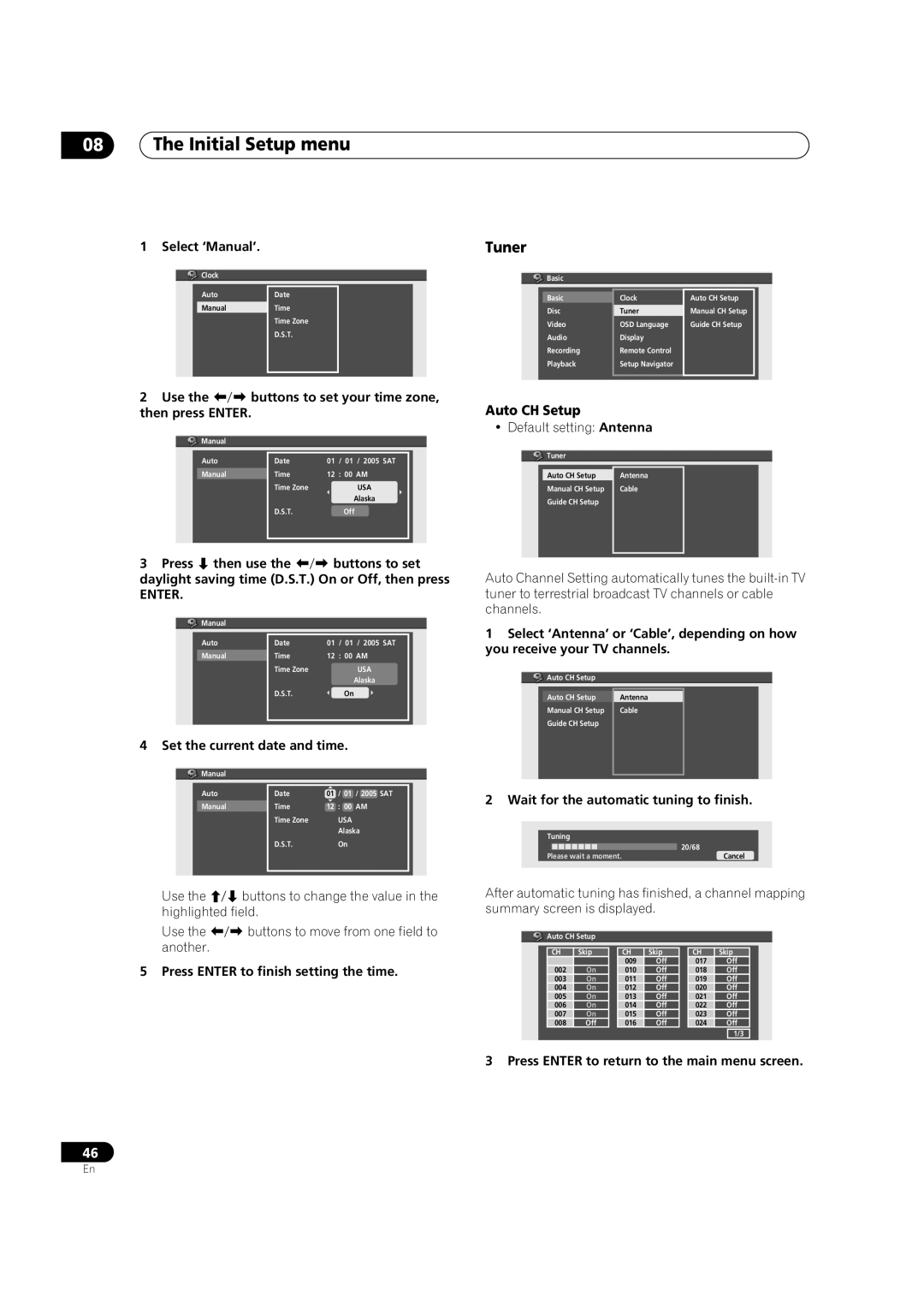 Pioneer DVR-231-S, DVR-231-AV, DVR-233-S manual Initial Setup menu, Tuner, Auto CH Setup, Then press Enter 