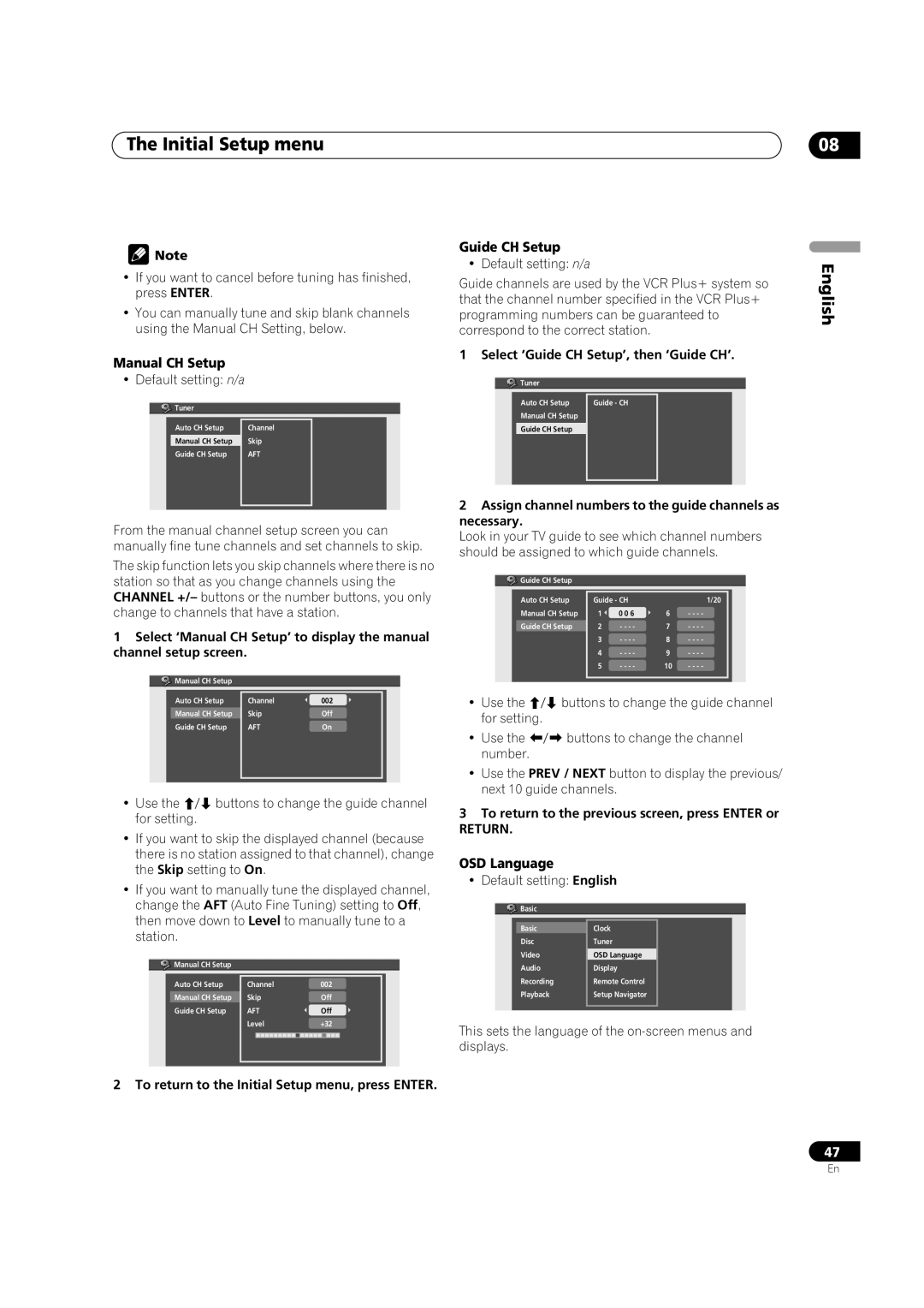 Pioneer DVR-233-S, DVR-231-AV, DVR-231-S manual Manual CH Setup, Guide CH Setup, OSD Language 